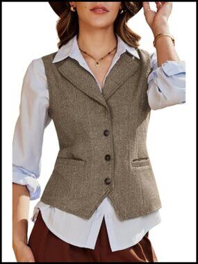 Women's Herringbone Tweed Waistcoat V-Neck Sleeveless Suit Vest with Pockets